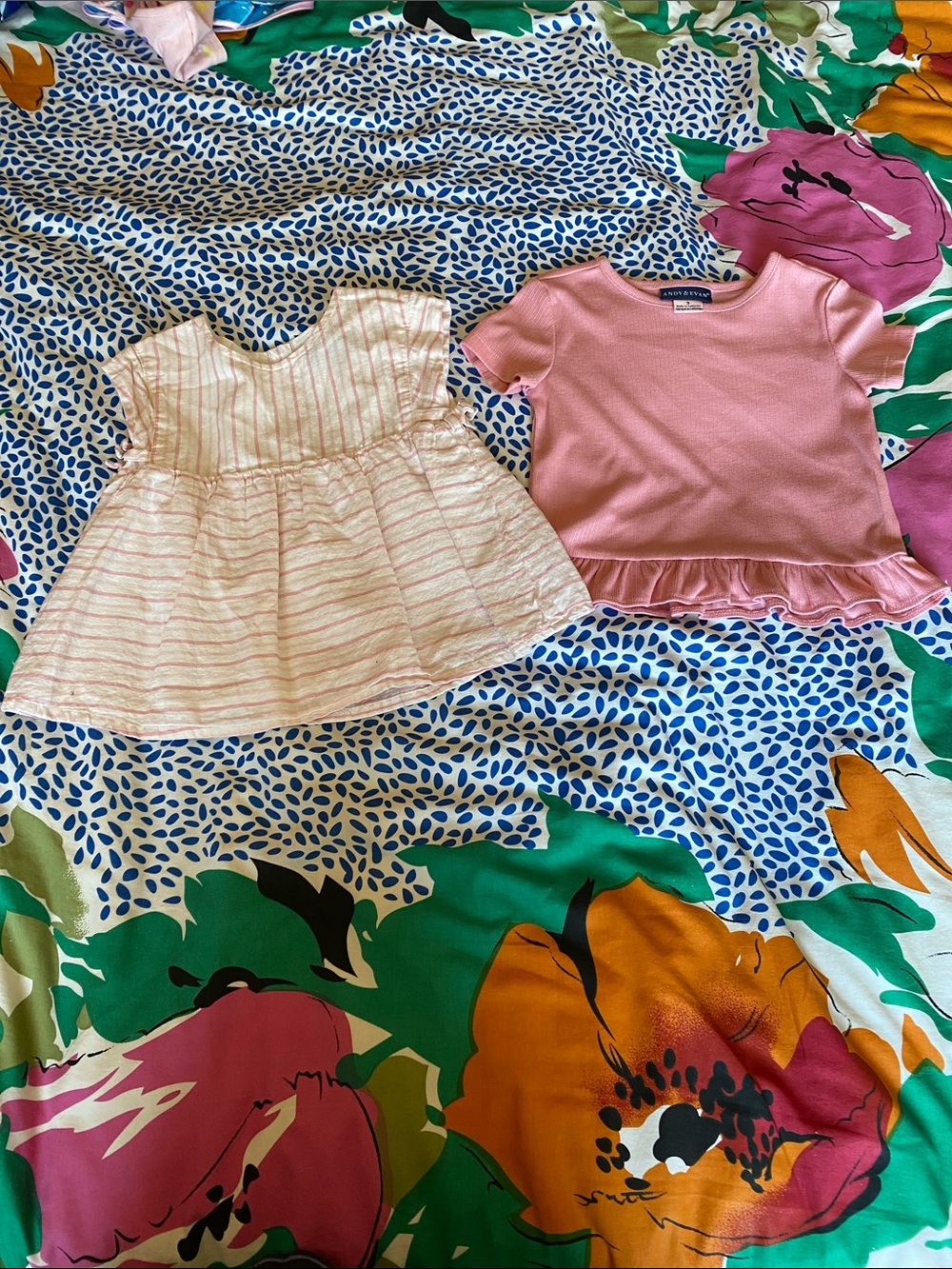 Andy & Evan Pink Ruffle Hem Top and Cream Pink Striped Dress Set